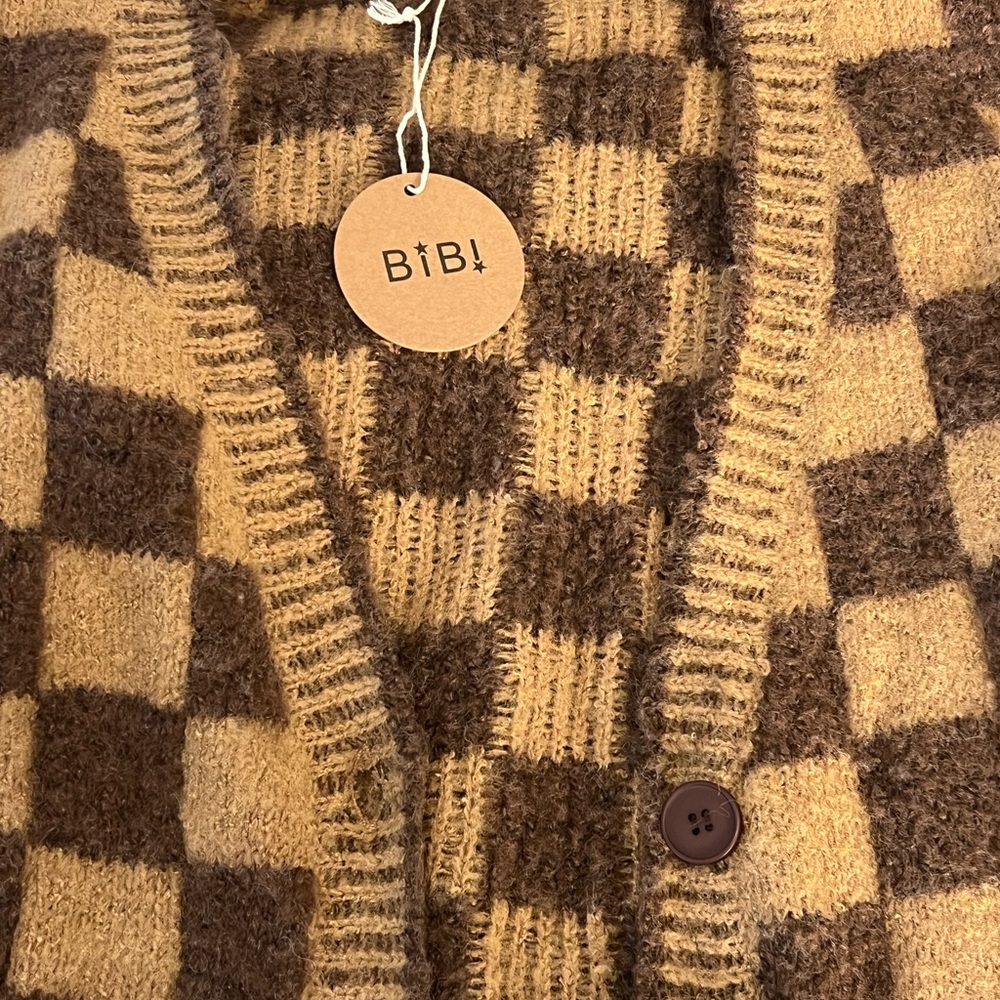 BiBi Brown Checkered Cardigan Sweater